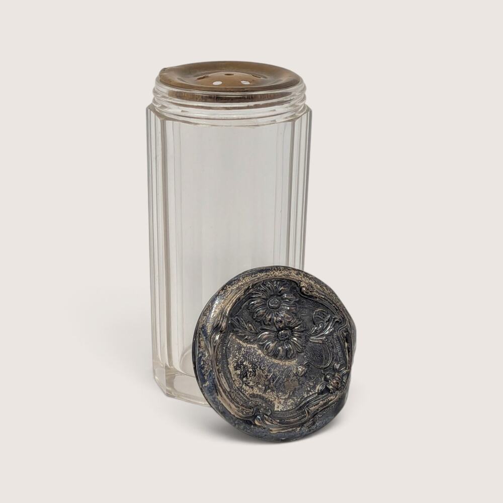 Vintage Glass Powder Shaker Embossed Metal Lid Vanity Jar